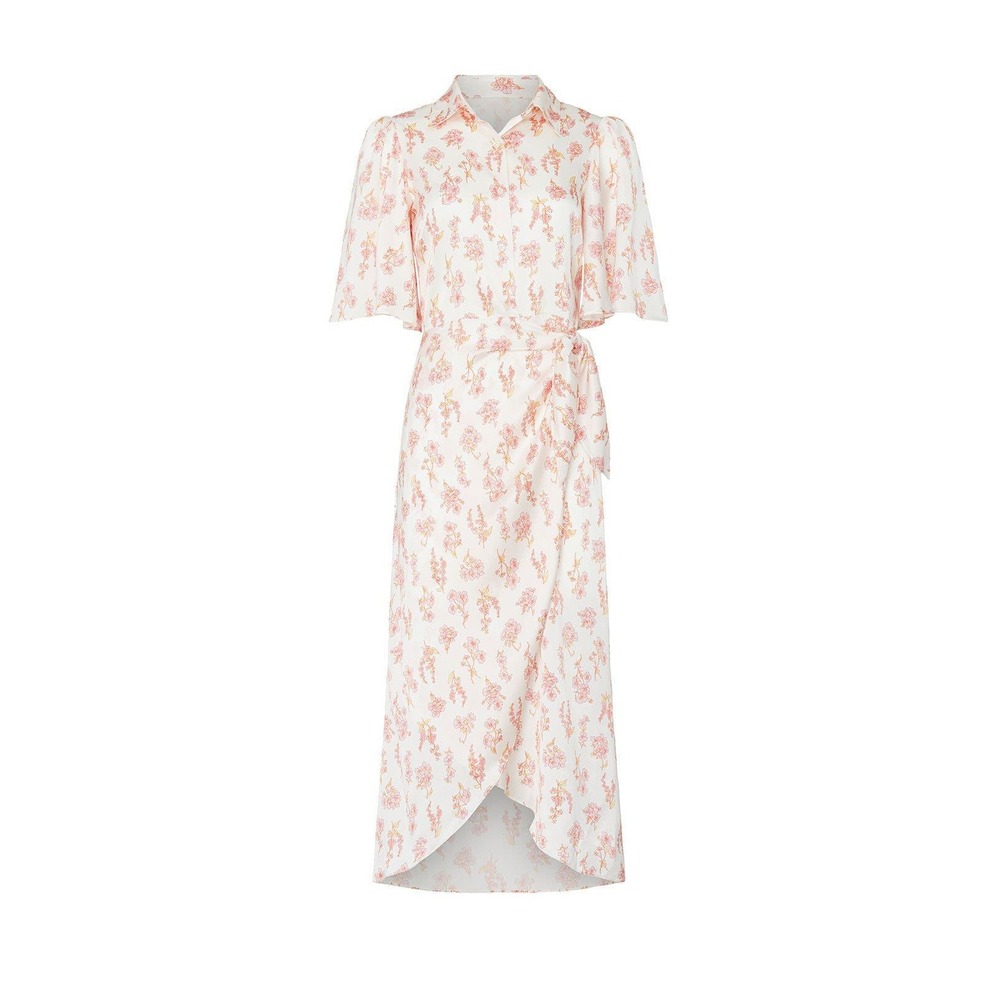 Les Reveries Floral Wrap Dress Womens White Pink Yellow Midi NWT‎ $688